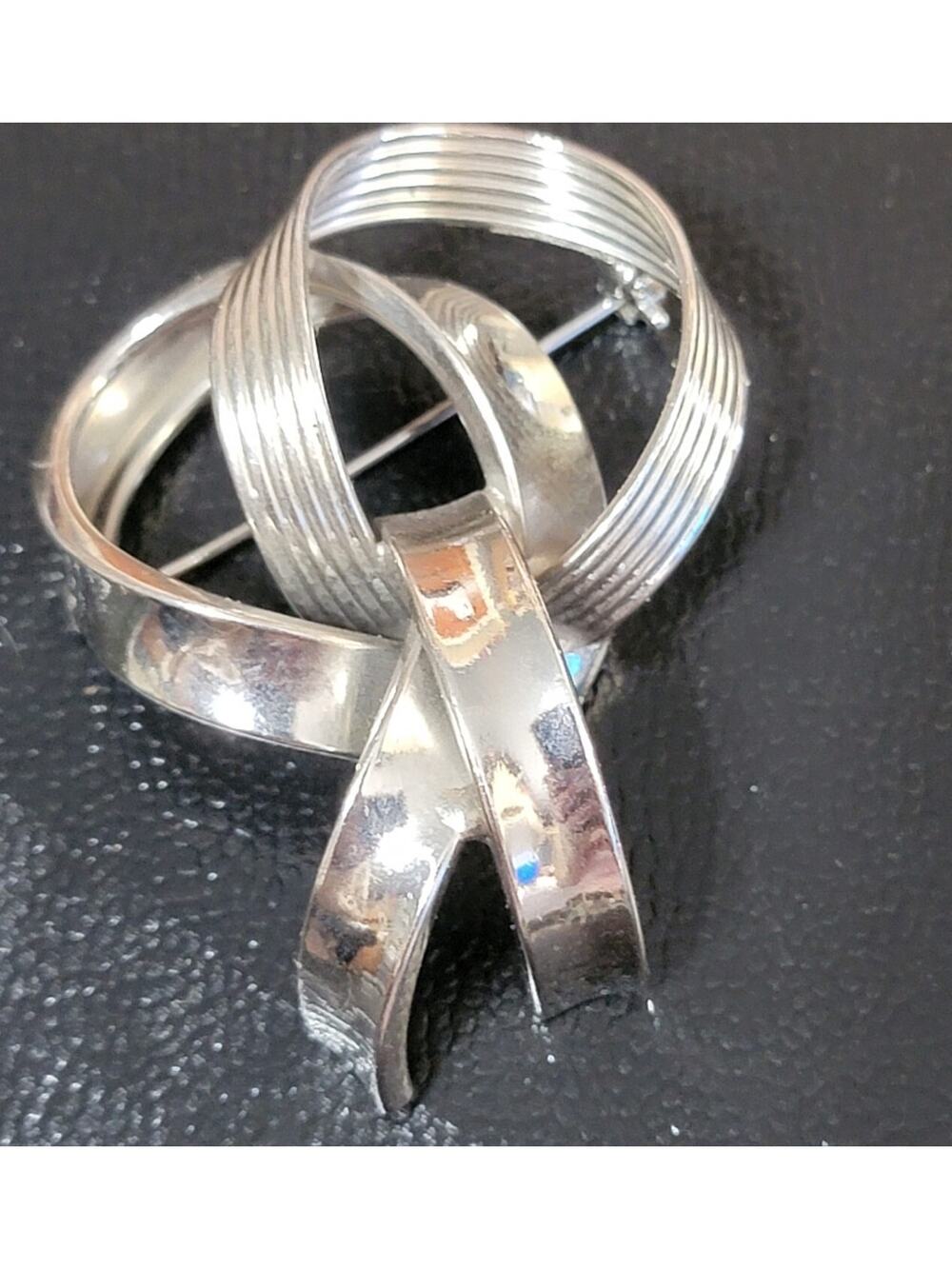 Vintage Modernist Ribbon Brooch Pin Silver Tone Structural Large 2" so-30